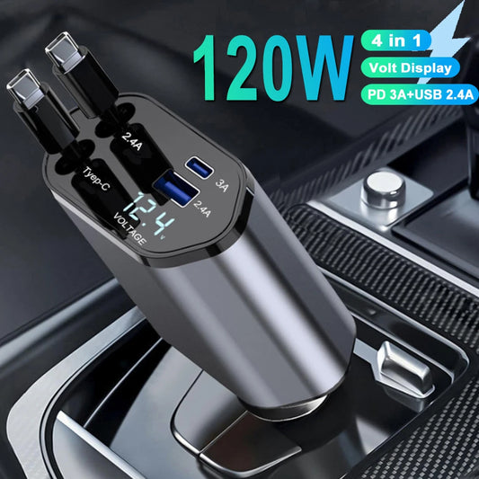 PD Car Charger 120W Quick Charger With 2 Retractable Cables Type C Fast Car Charger Voltmeter 4 in 1 Power For IPhone Huawei
